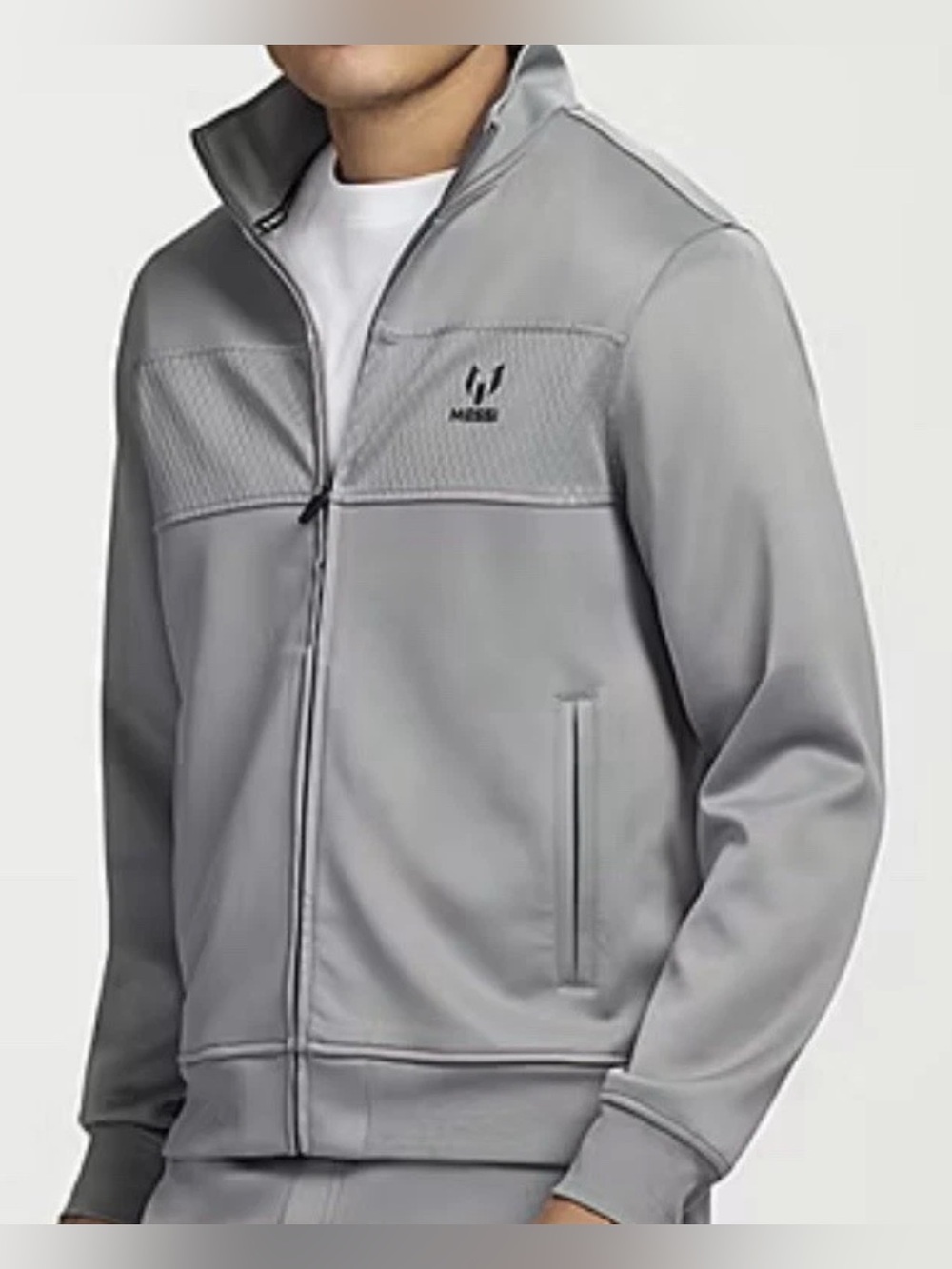 Messi Men's Gray Track Jacket Large Full Zip Stand-Up Collar Pockets Logo